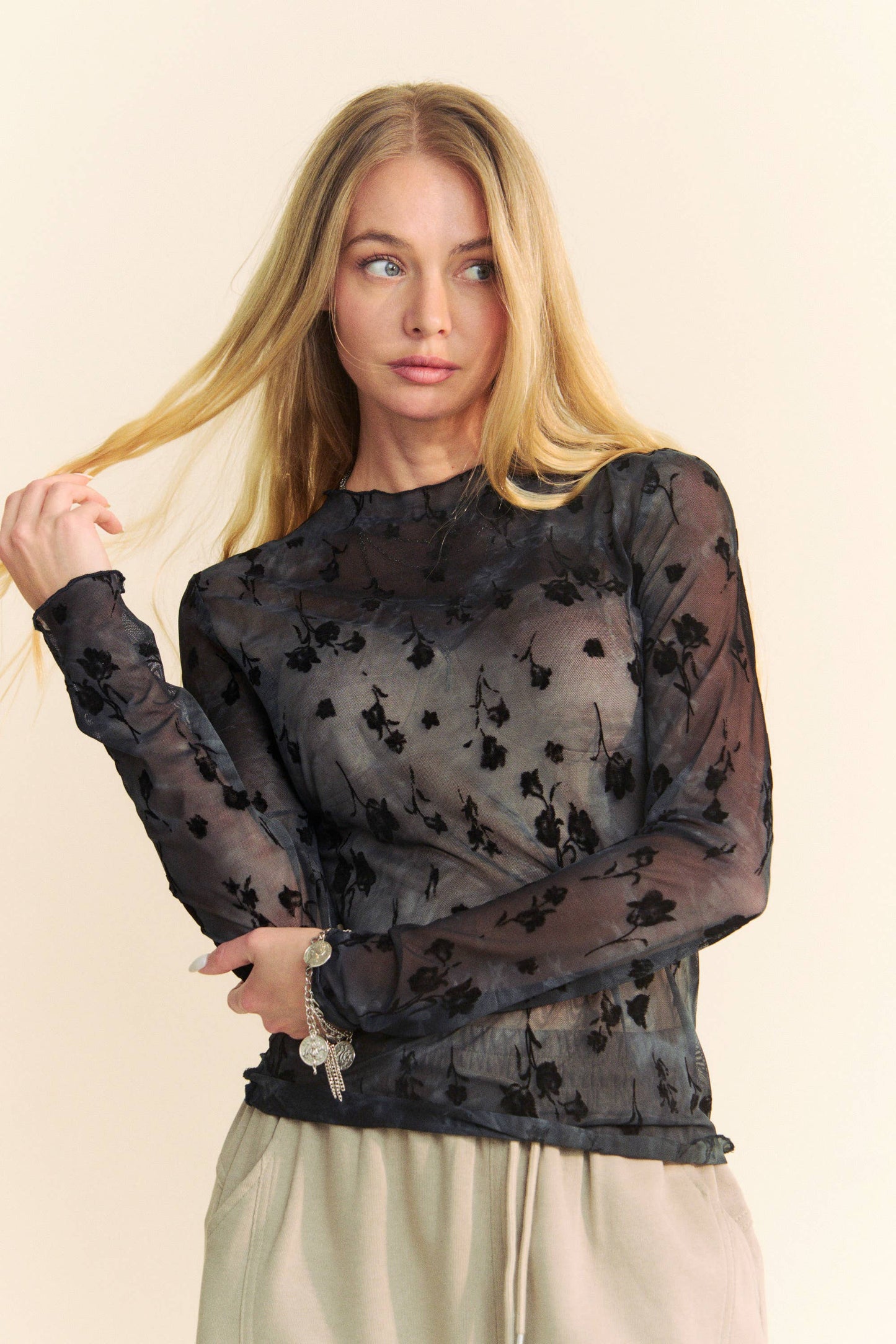 FLORAL MESH LONG SLEEVE SHEER LAYERING TOP