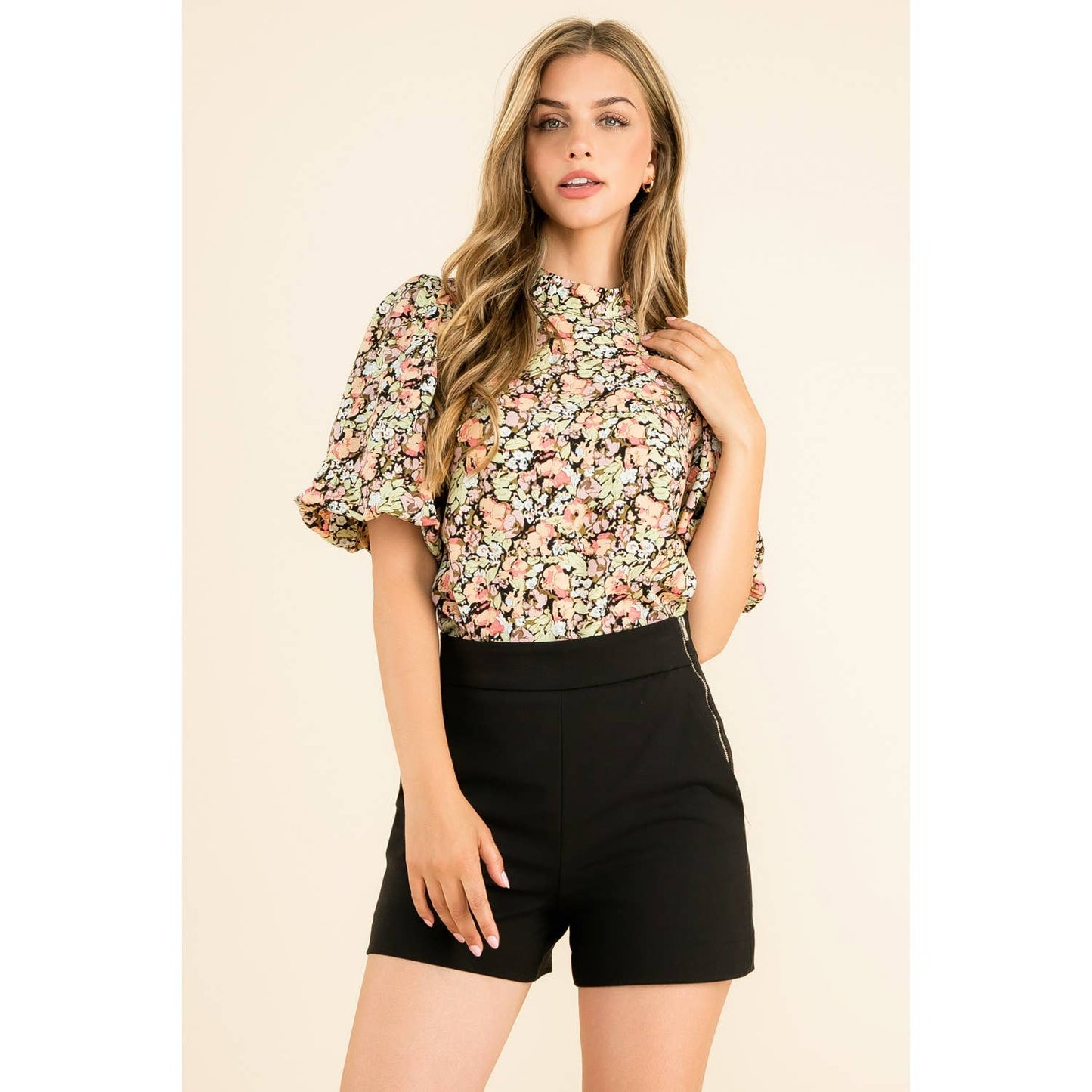 Black Floral Print Puff Sleeve High Neck Top with Short Sleeve