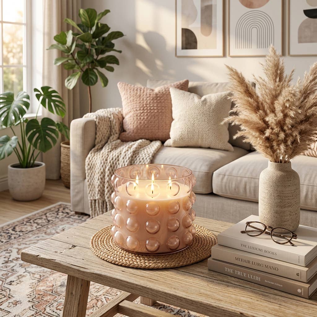 Scented Candle - Peony and Blush Suede Bubble Glass, 102 Oz