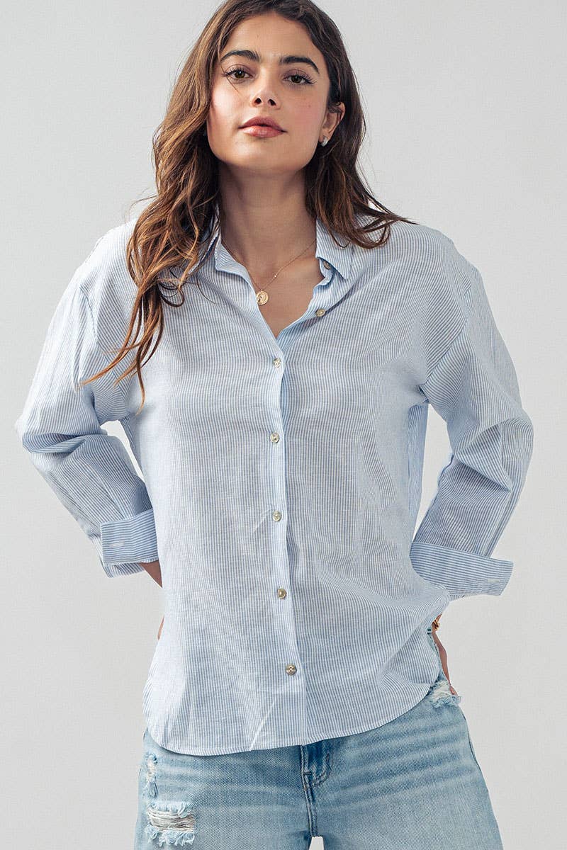 Lightweight Pinstripe Button Down in Cotton Linen Blend