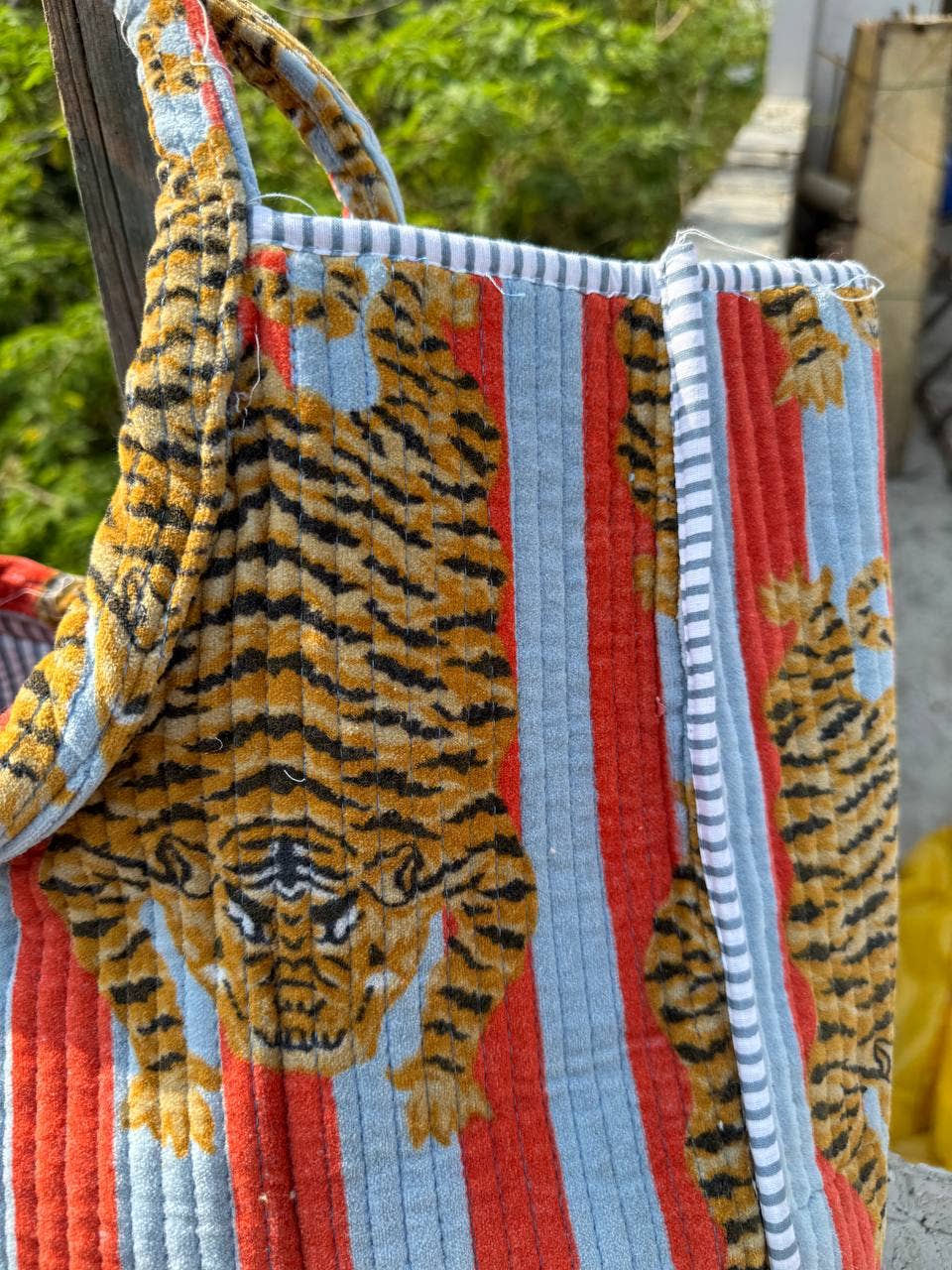 Tiger Printed Velvet Quilted Bag Girls Bag Padded Handle Bag