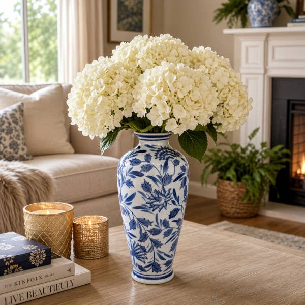 Decorative Vase - Blue/White Ceramic Chinoiserie, 13 in.