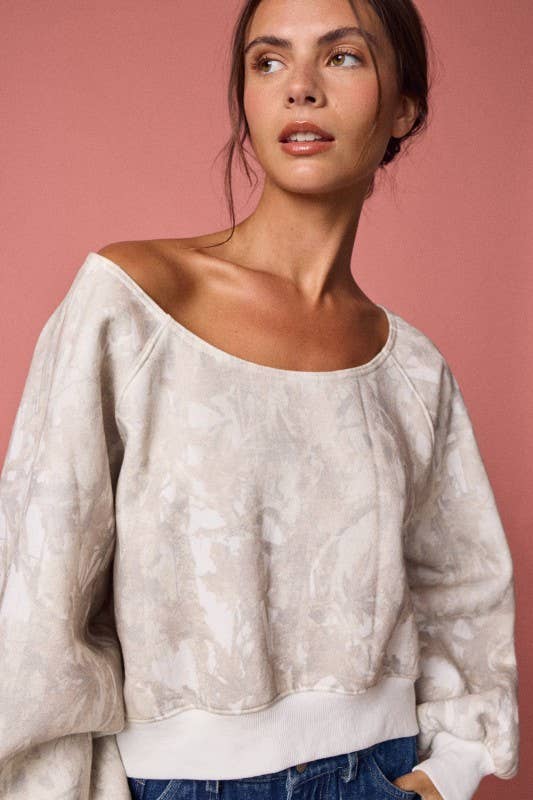 Nature Camo Print Off-Shoulder LS Top