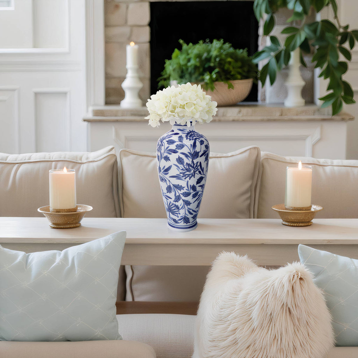 Decorative Vase - Blue/White Ceramic Chinoiserie, 13 in.