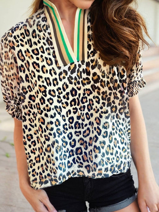 Leopard Color Block Half Sleeve Loose Fit Blouse