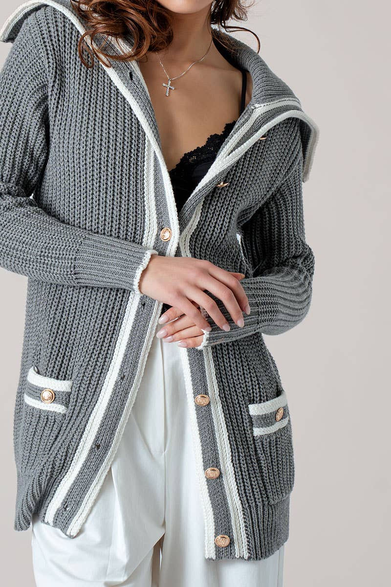 Sailor Collar Striped Trim Button Cardigan Top