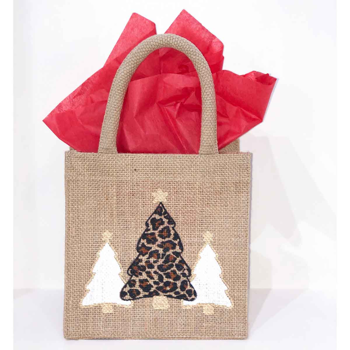 Leopard Christmas Tree Petite Gift Tote   Natural/Black/Gold   7x7x5