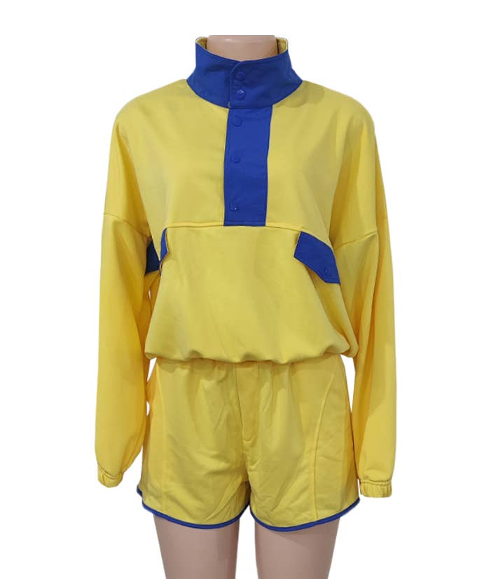 Color Blocks half button sweatshirt & shorts sporty set