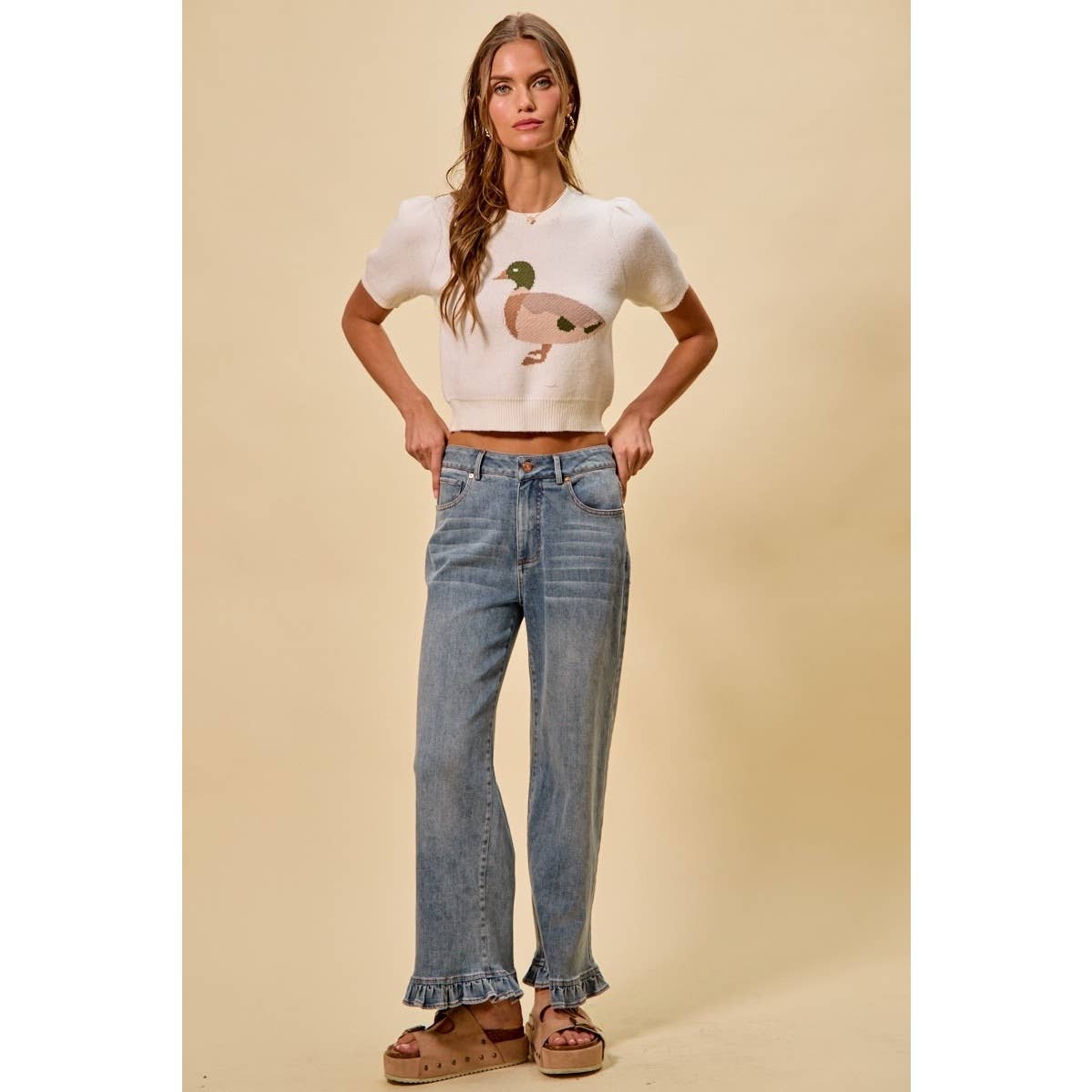 Ruffled Bottom Detail Mid Rise Denim Jeans Pants