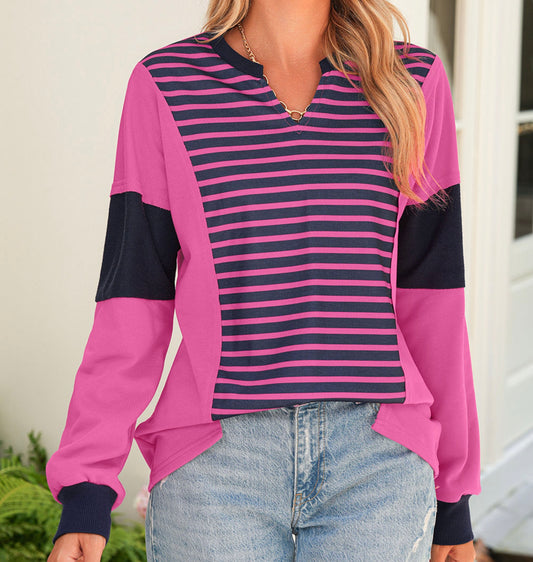 Pink & Navy V Neck Stripe Long Sleeve Top