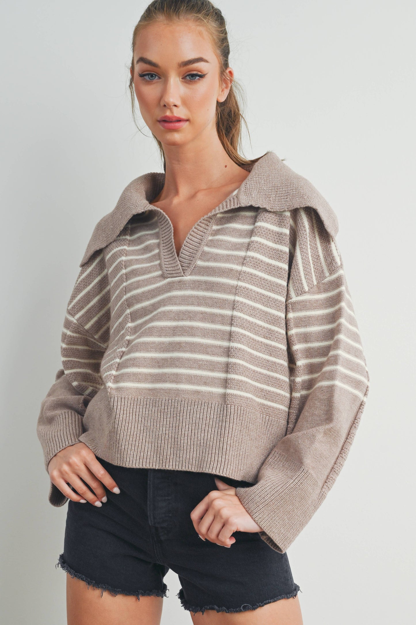 TEXTURED STRIPED V-NECK BIG COLLAR LS SWEATER - BMW7247