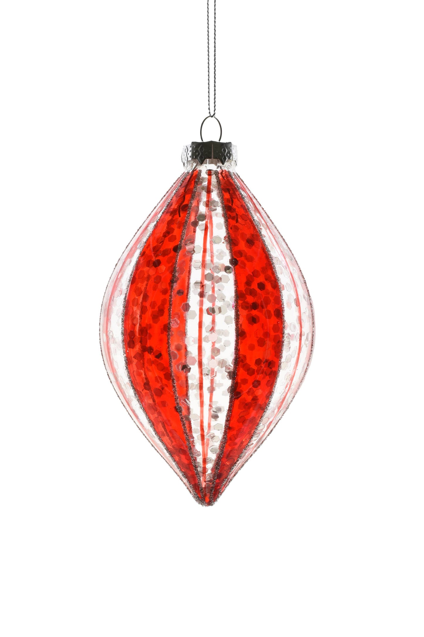 Clear/Red Glass Glittered Striped Drop Ornament