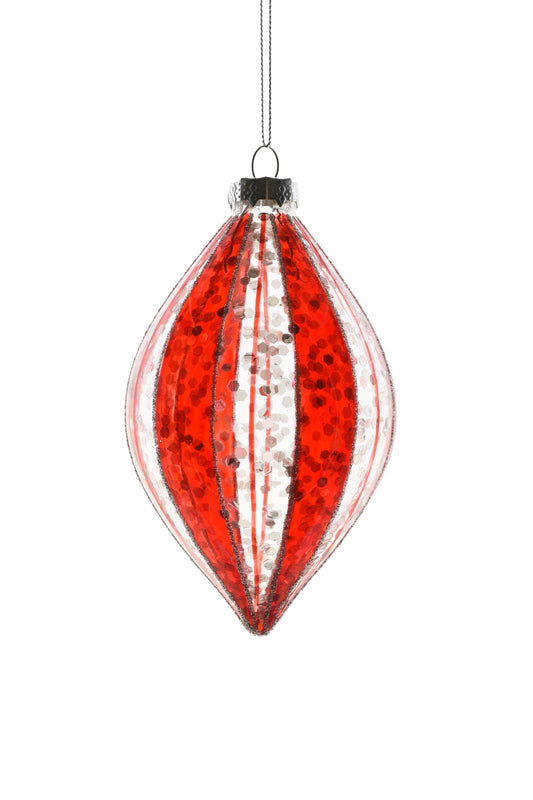 Clear/Red Glass Glittered Striped Drop Ornament