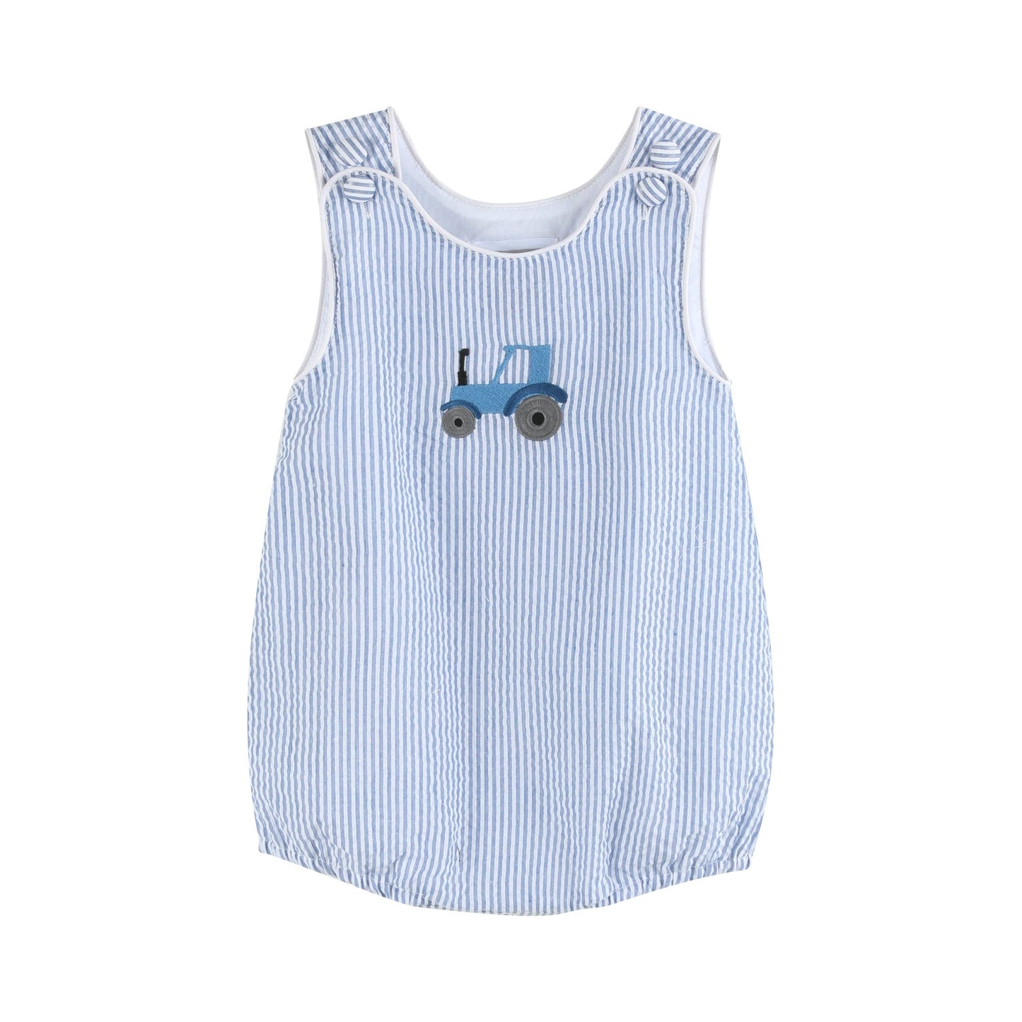 Dark Blue Tractor Seersucker Bubble Romper