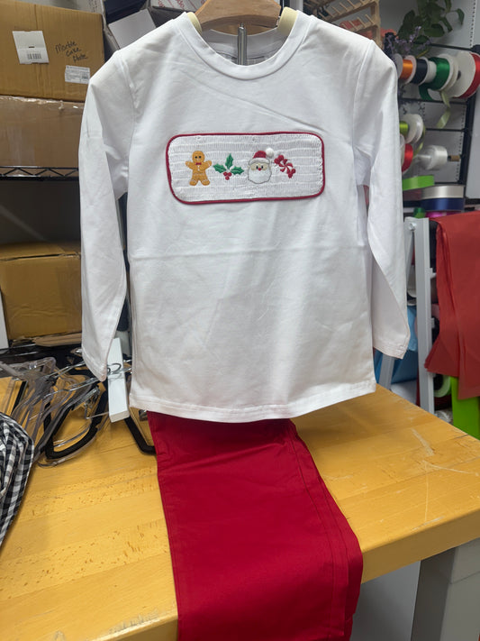 Santa & Gingerbread Boy Smocked Shirt with Red Pants