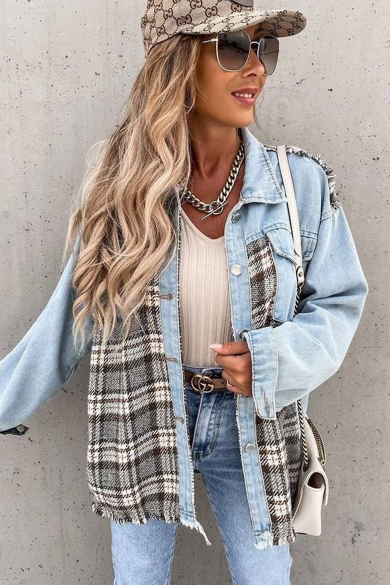 WOMEN DENIM PATCHWORK PLAID JACKET