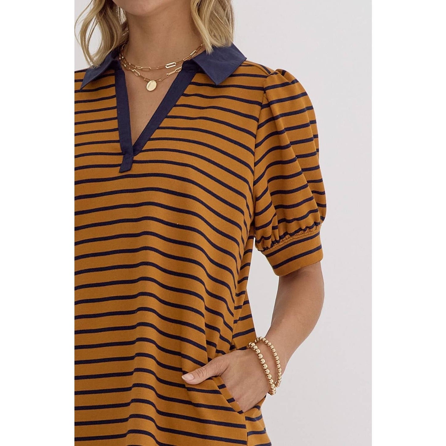 Stripe print v-neck puff sleeve collared dress