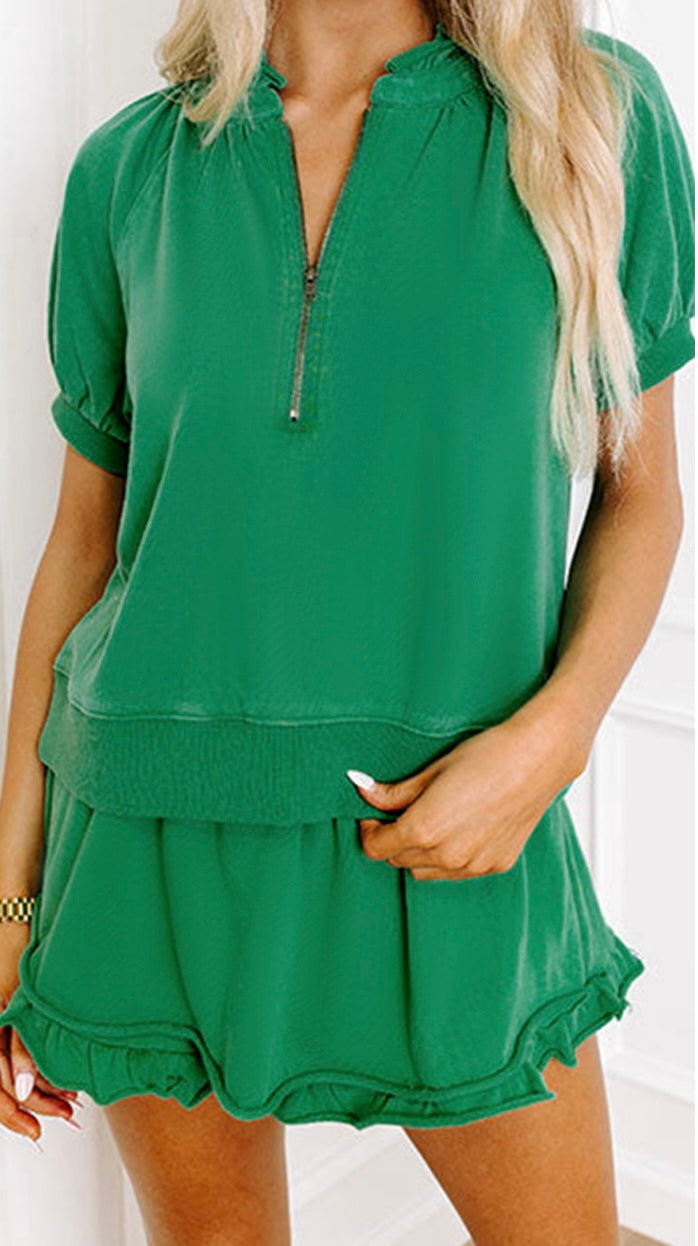 2 piece set with 1/2 zip top and skort