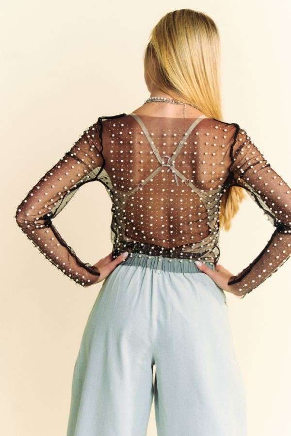 BEAD AND PEARL EMBELLISHED LONG SLEEVES MESH TOP