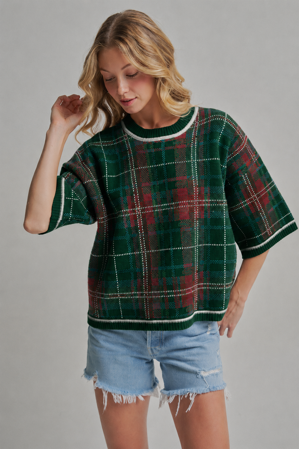 HOLIDAY CHRISTMAS PLAID DROP SHOULDER SWEATER_JLT00303-02