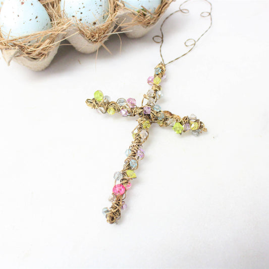 Gold Wire Cross with Pastel Beads 6”