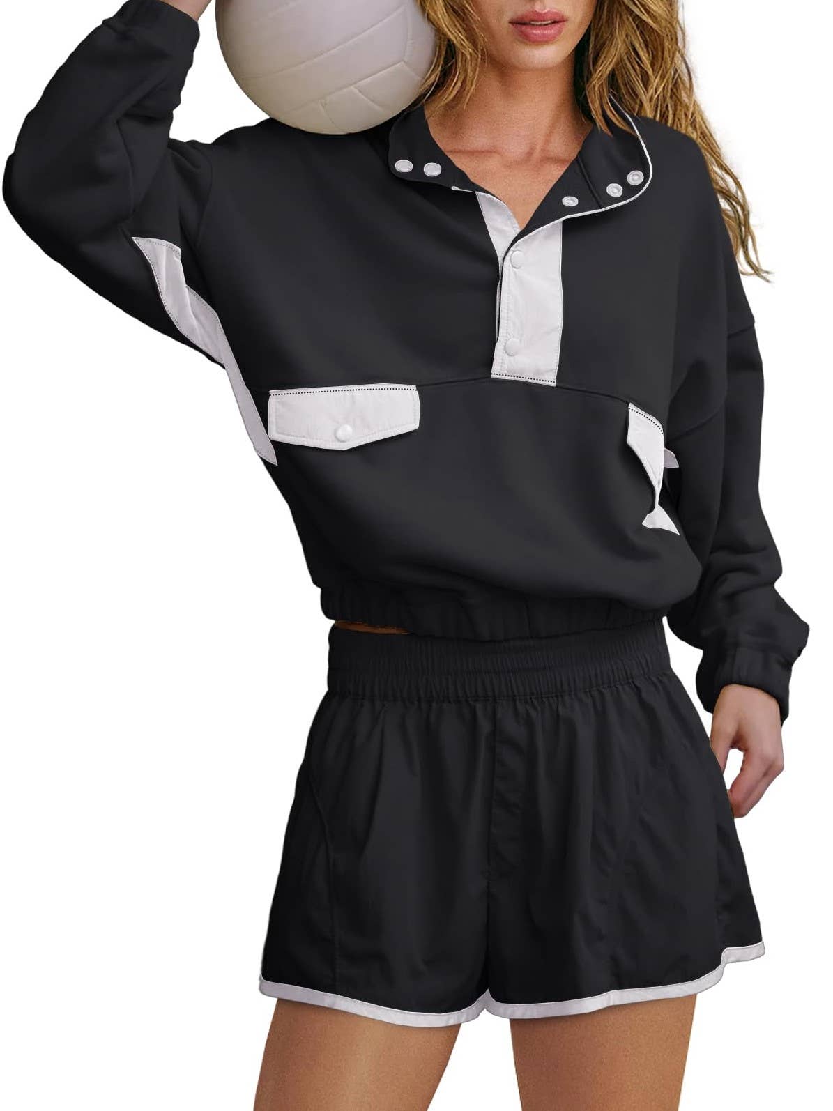 Color Blocks half button sweatshirt & shorts sporty set
