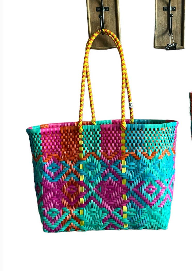 Fuchsia & Turq. Handwoven recycled plastic beach Bags