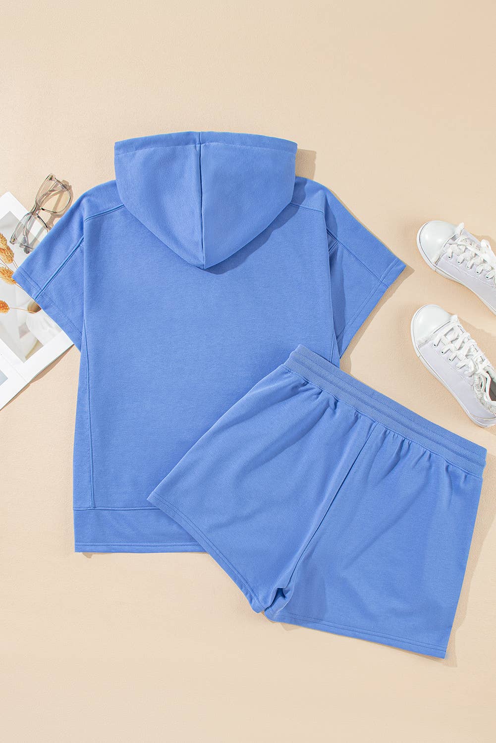 Solid Zipped Short Sleeve Hoodie & Shorts Set