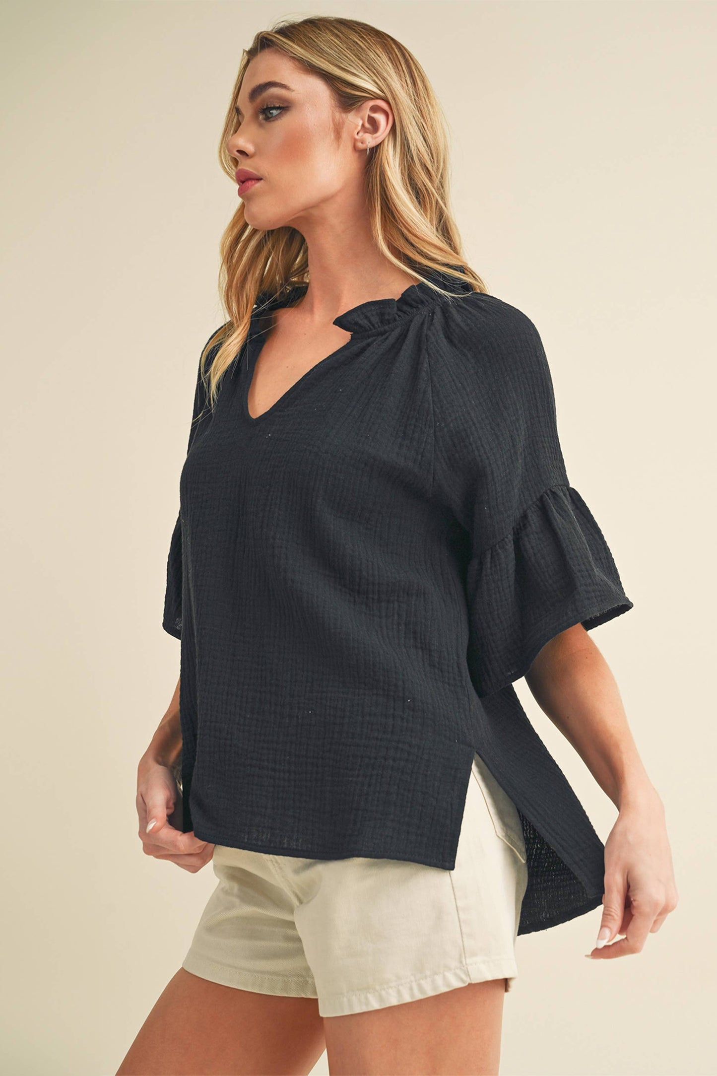 Tes 3/4 Sleeve Ruffle Top