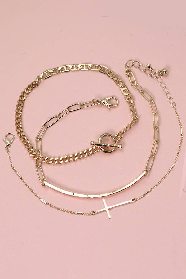 TRIO Bracelet Set - BAR CROSS & ROPE CHAIN