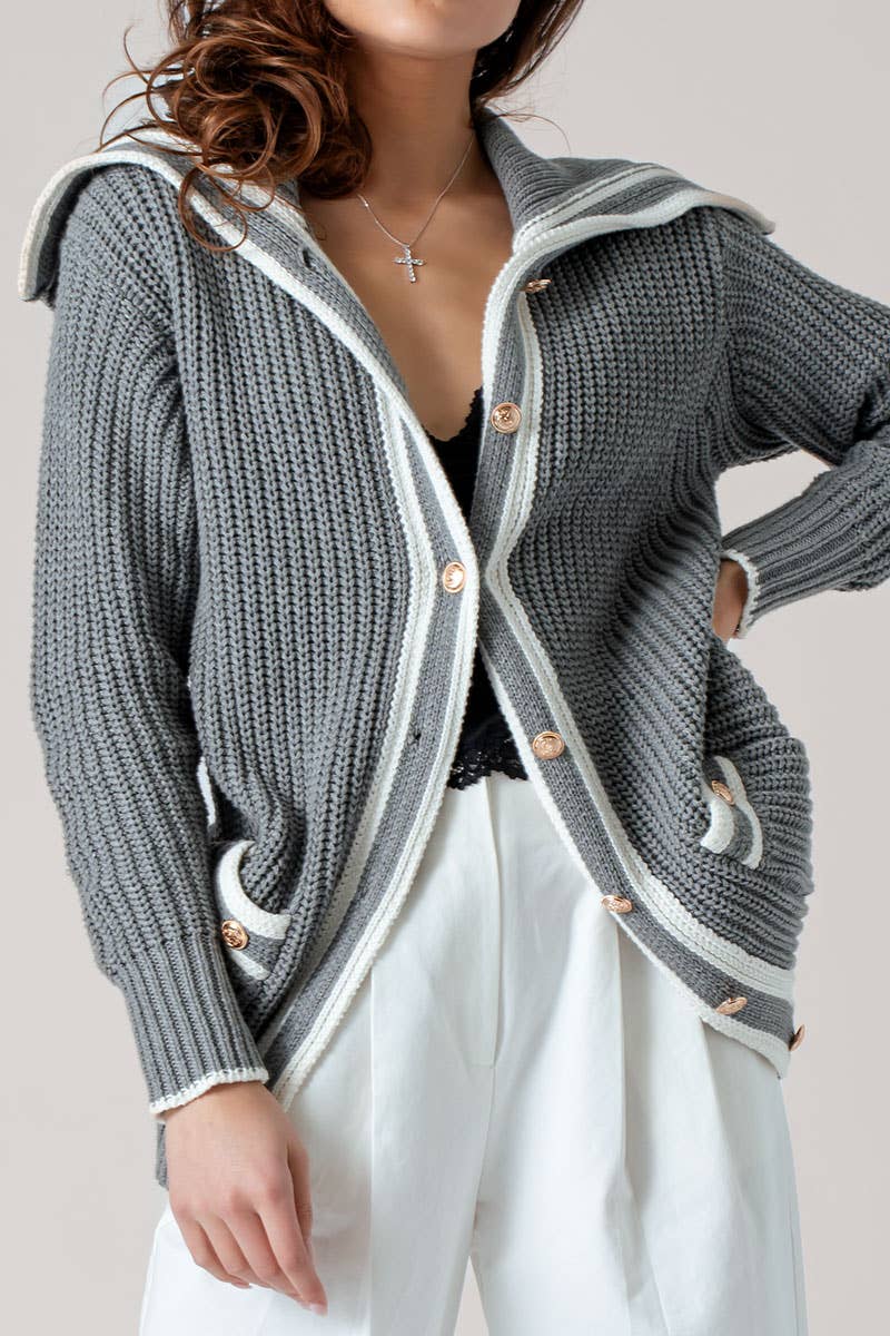 Sailor Collar Striped Trim Button Cardigan Top