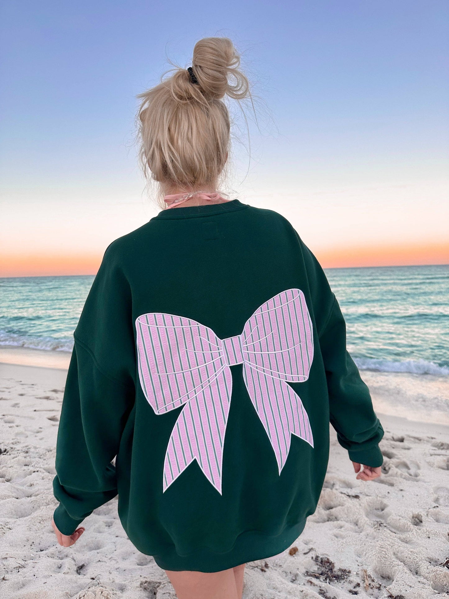 Winter Green Striped Bow Embroider Sweatshirt