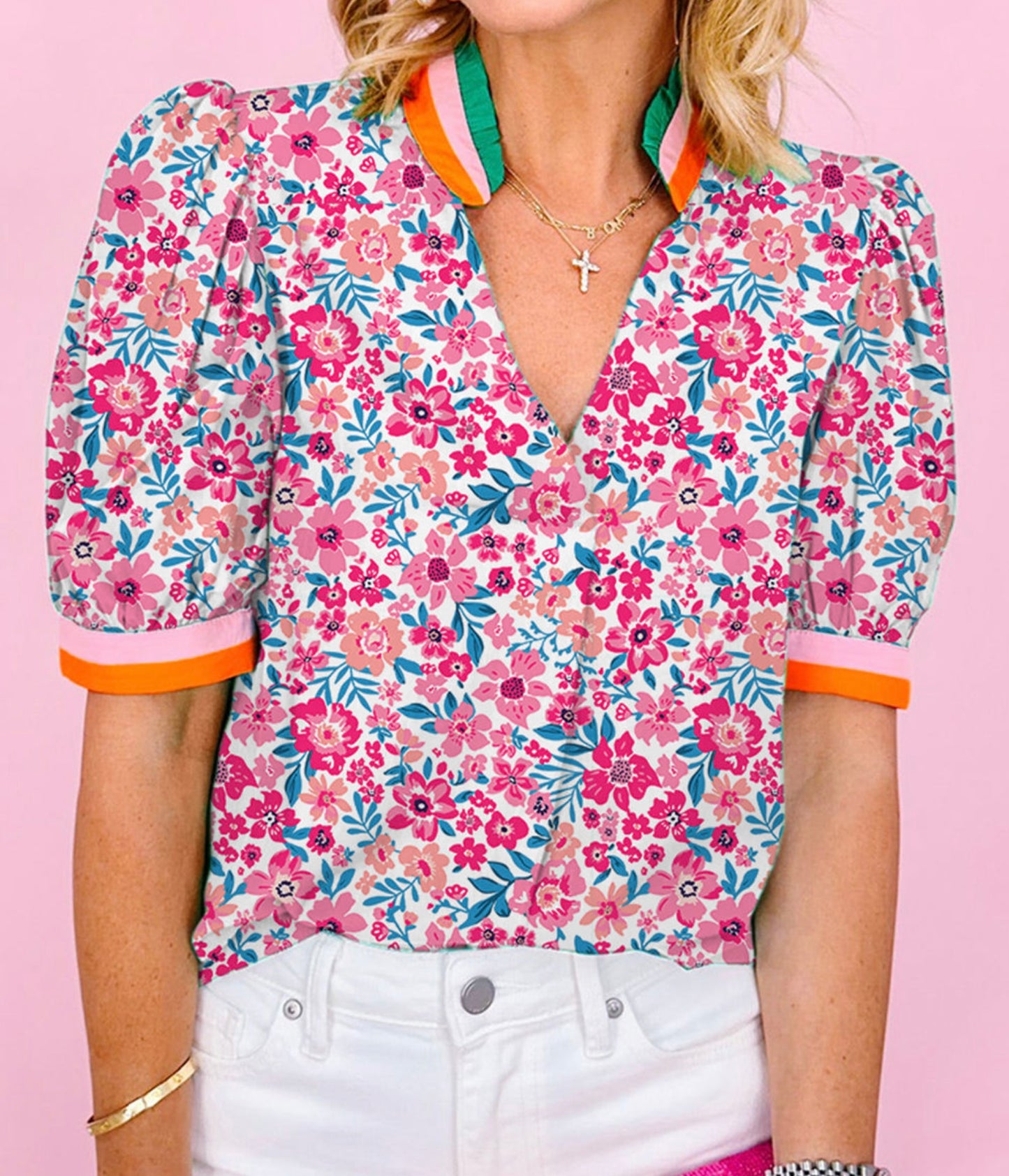 Pink & Blue Floral Top with Stripe Trim