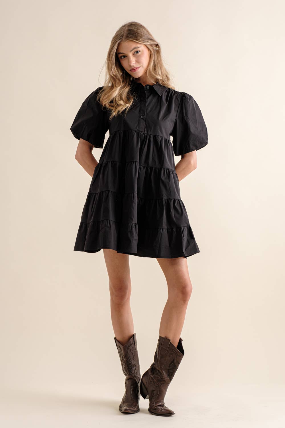 Button Up Tiered Puff SLV Shirt Dress