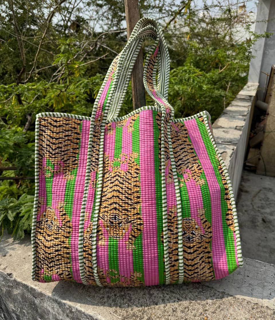 Tiger Printed Cotton Pink Strip Quilted Bag