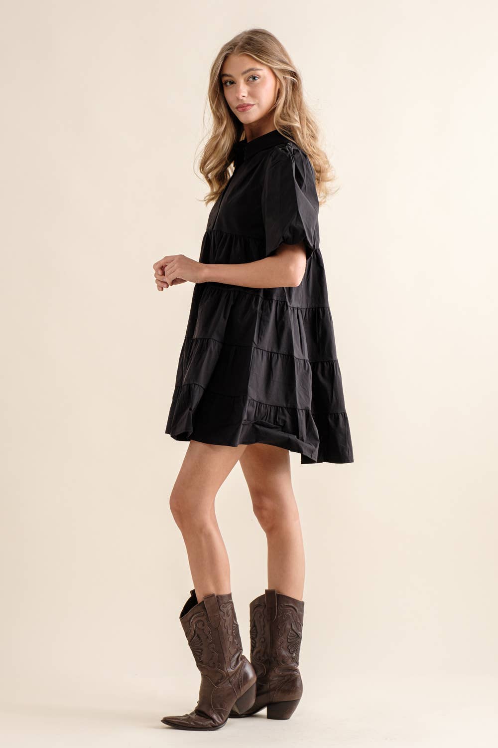 Button Up Tiered Puff SLV Shirt Dress