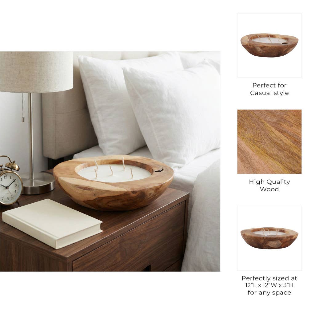 Scented Candle -Vanilla Soy Wax in Brown Teakwood Bowl, 35Oz