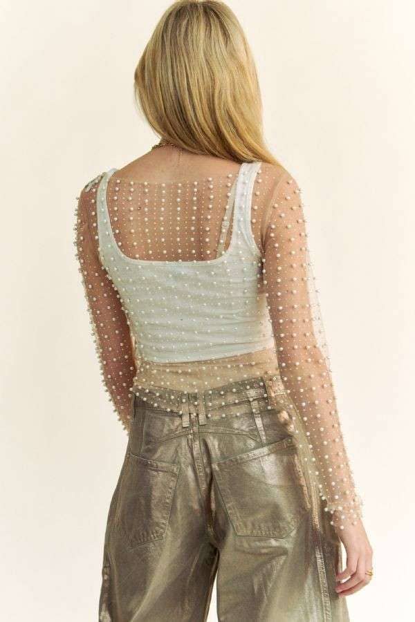 BEAD AND PEARL EMBELLISHED LONG SLEEVES MESH TOP