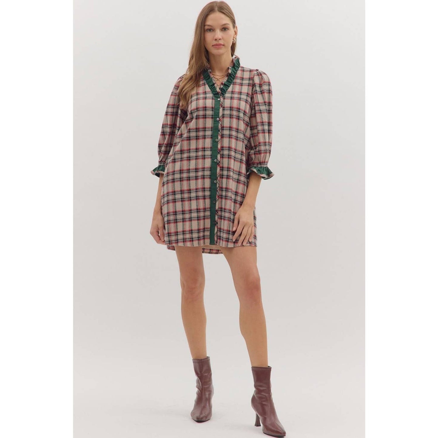 Plaid puff sleeve mini dress