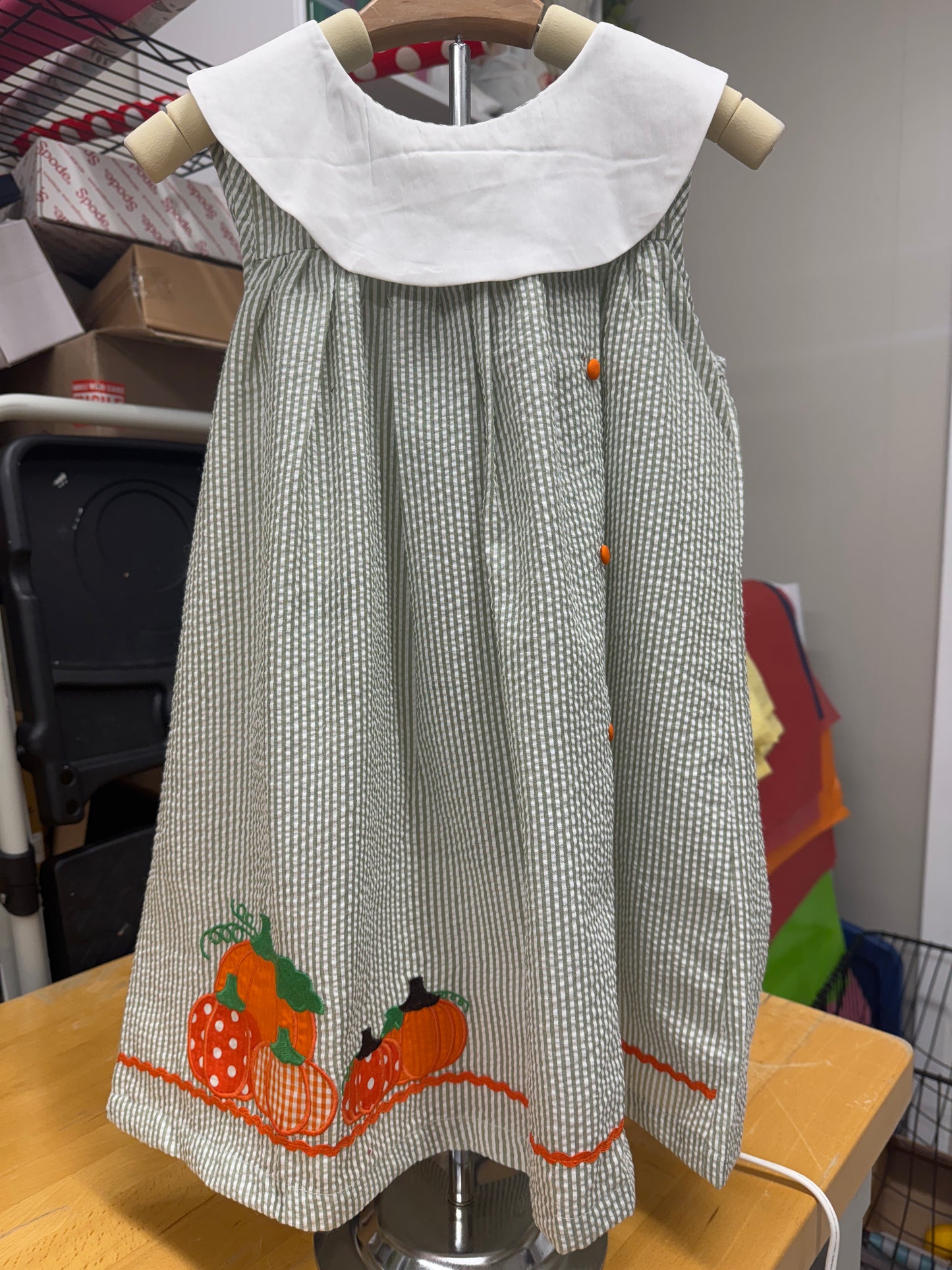 Sage Green Seersucker Dress with Pumpkins