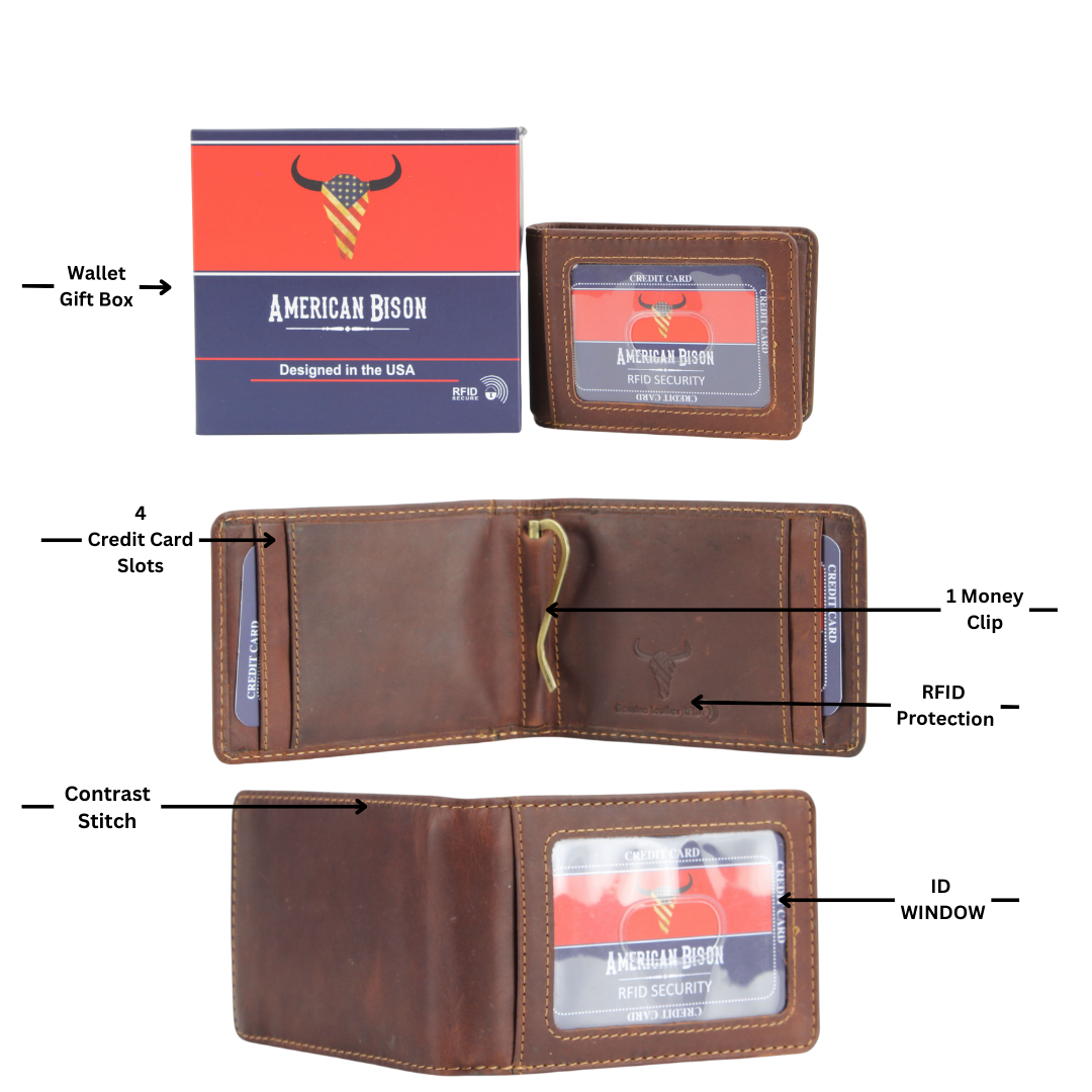 American Bison RFID Leather Bi Fold Money Clip Wallet