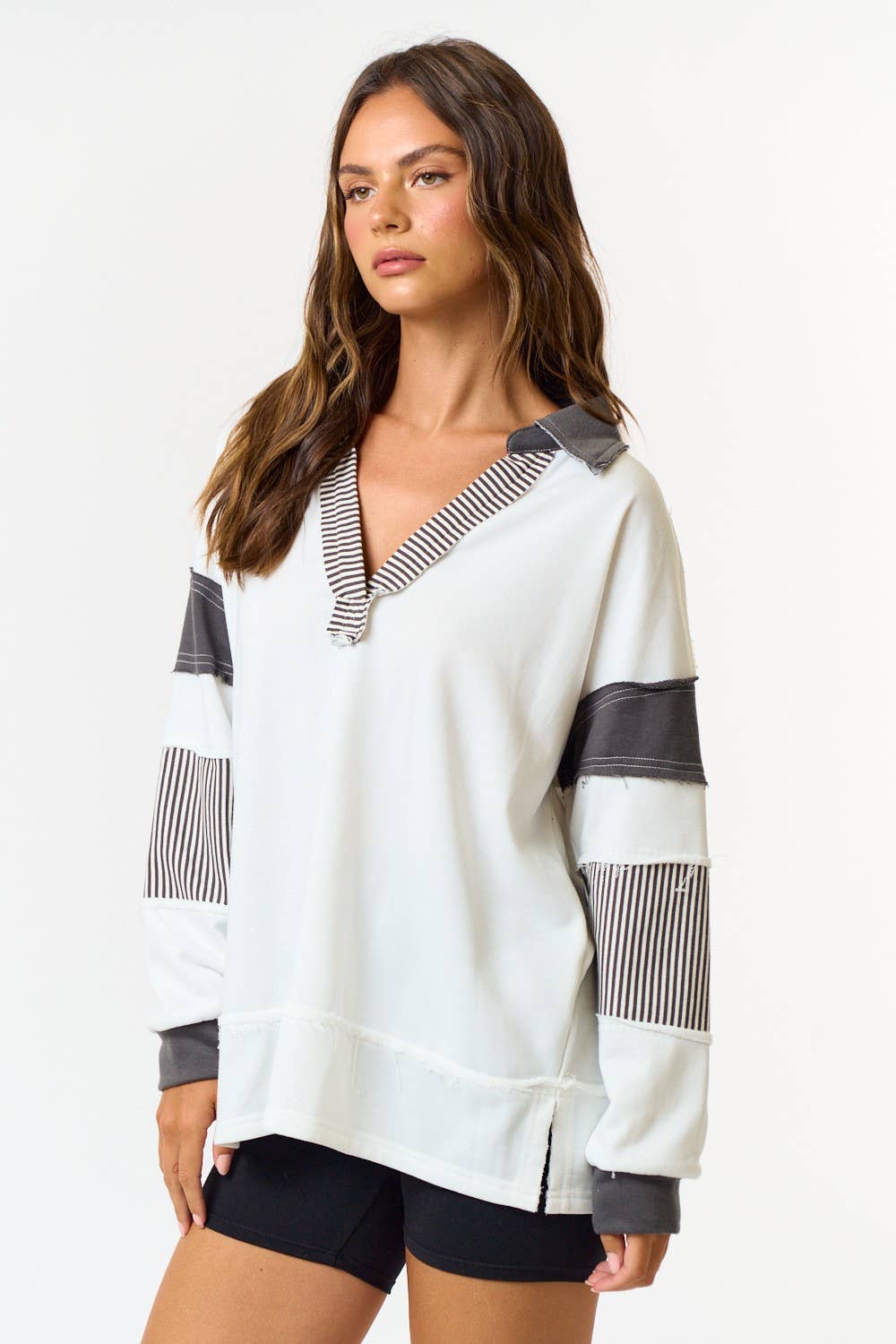 FRENCH TERRY COLLARED STRIPED SWEATSHIRT