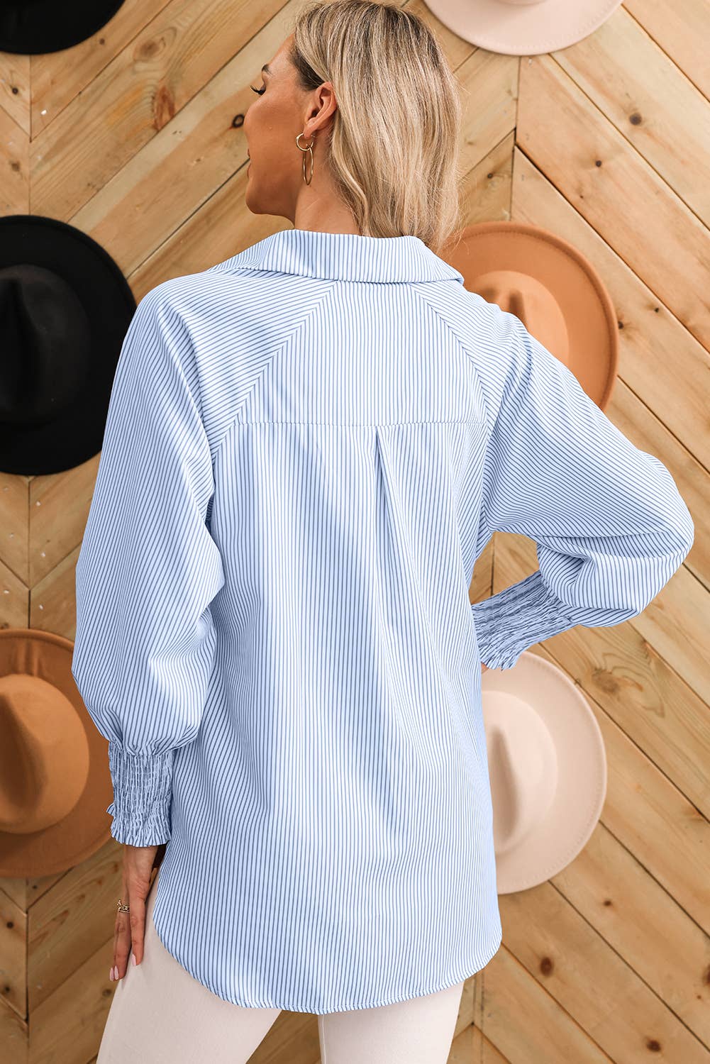 Smocked Cuffed Striped Boyfriend Shirt with Pocket | S-XL