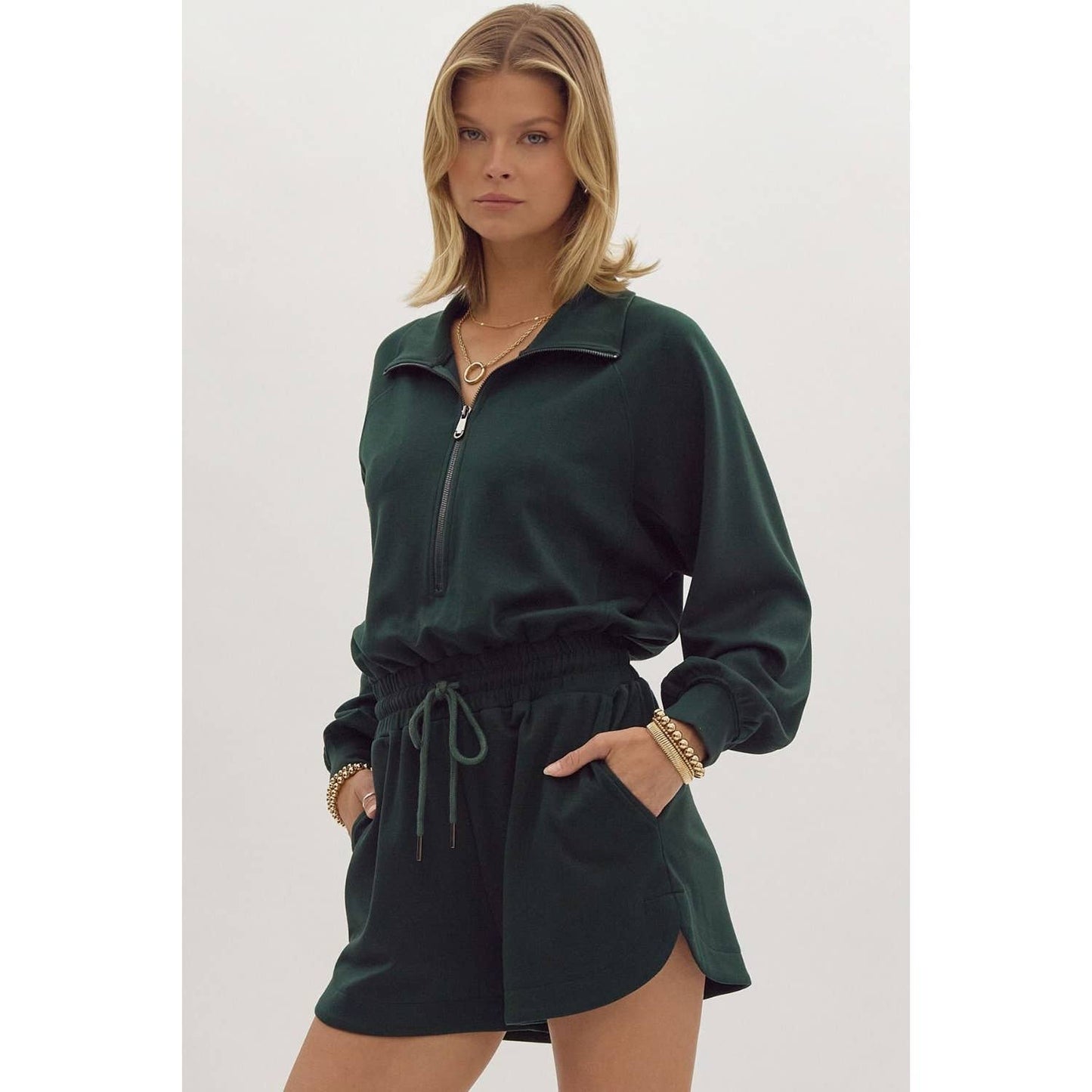 Solid long sleeve half zip collared romper