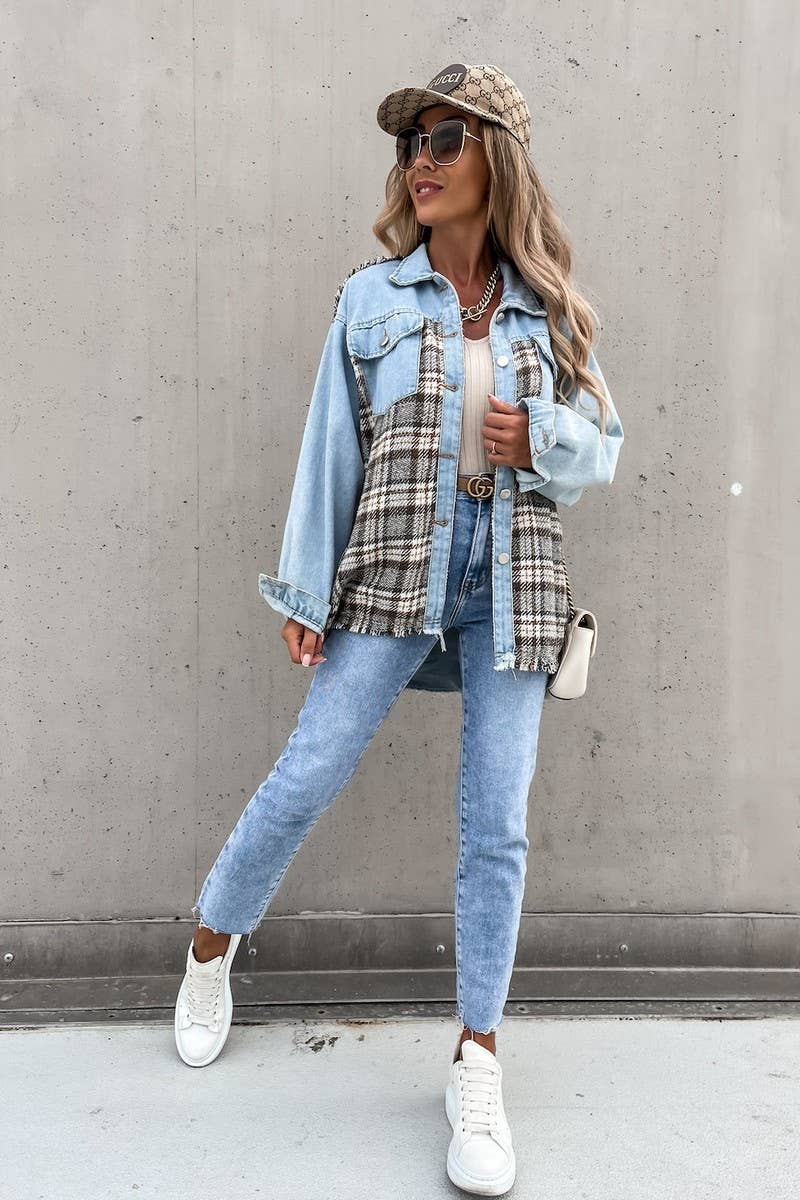 WOMEN DENIM PATCHWORK PLAID JACKET