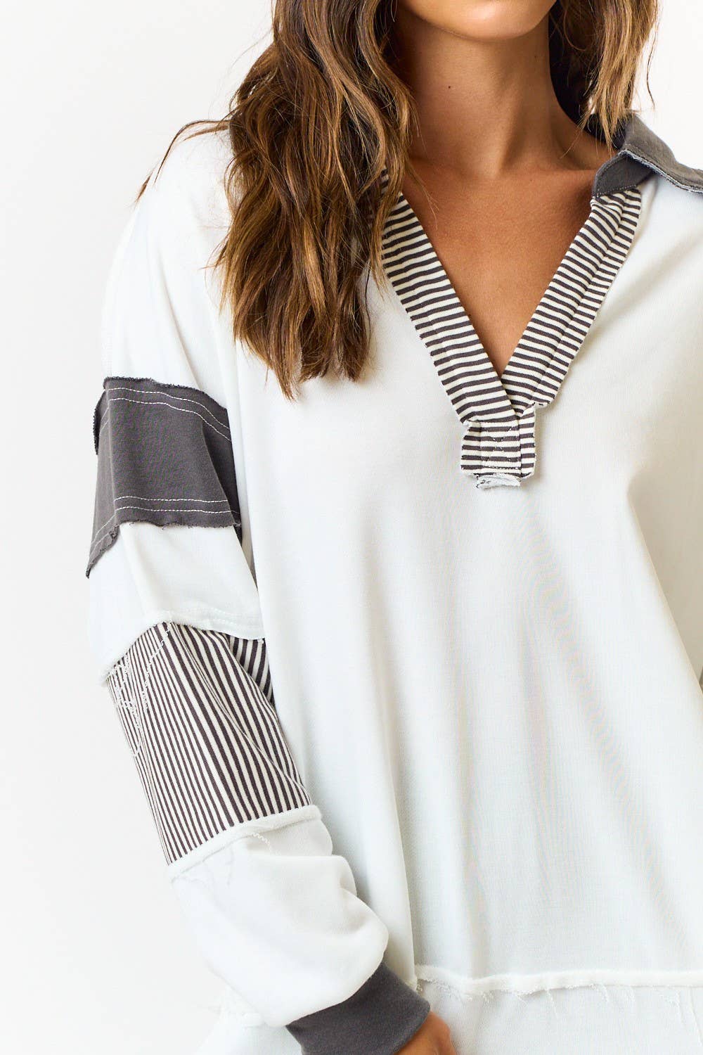 FRENCH TERRY COLLARED STRIPED SWEATSHIRT