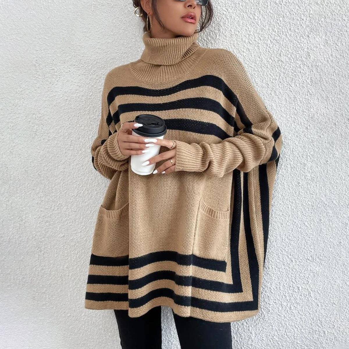 Turtleneck striped bat sleeve cape sweater coat