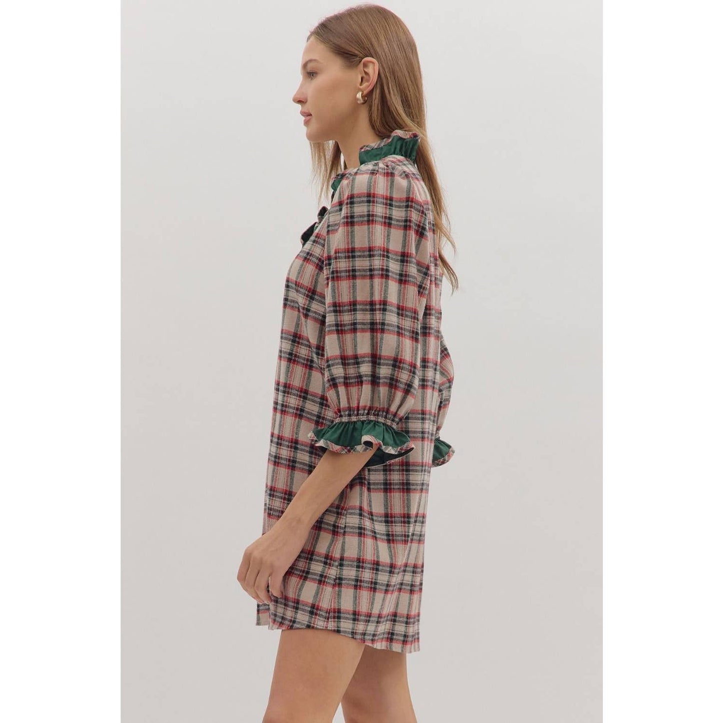 Plaid puff sleeve mini dress