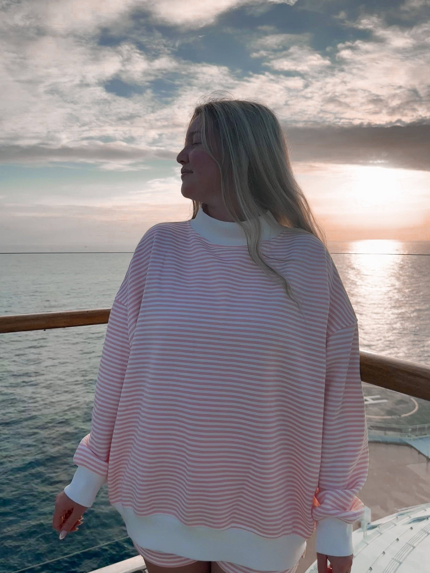 Light Pink and White Striped Mockneck Sweatshirt
