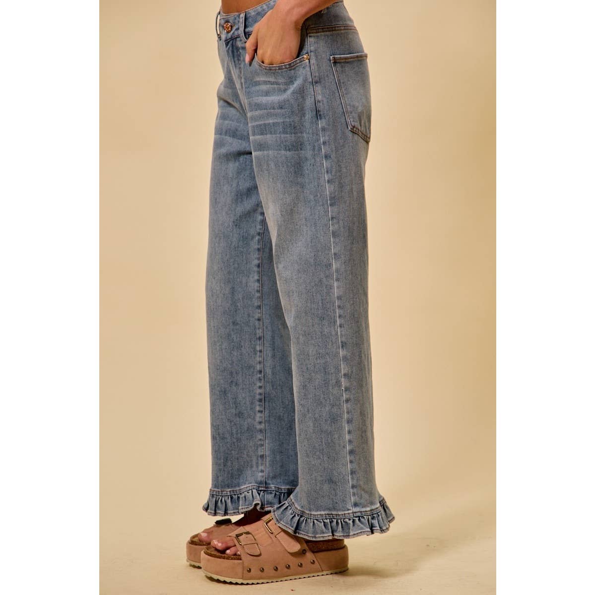 Ruffled Bottom Detail Mid Rise Denim Jeans Pants